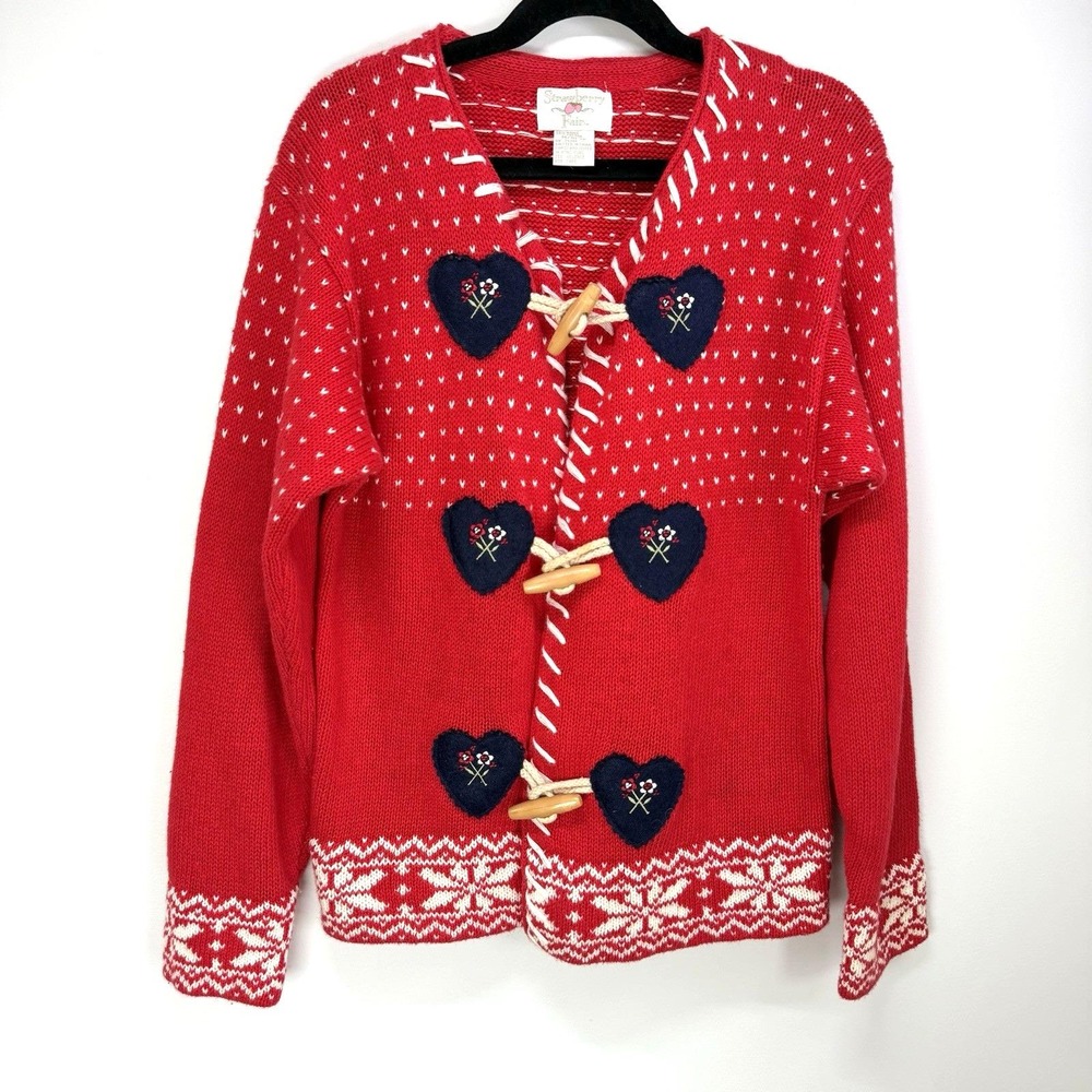 Vintage Strawberry‎ Fair Red/Blue/White Knit Girls Cardigan Size 10/12